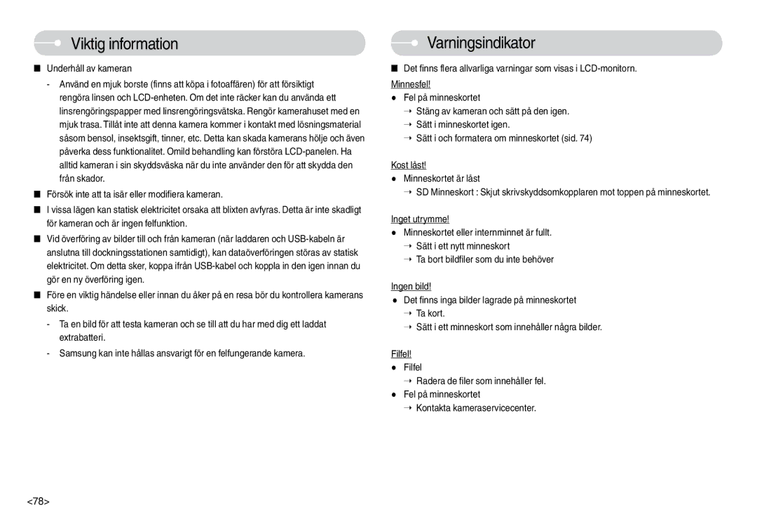 Samsung EC-L74WZSBB/E2, EC-L74WZSBA/DE, EC-L74WZBBA/DE, EC-L74WZBBA/DK manual Varningsindikator, Underhåll av kameran 