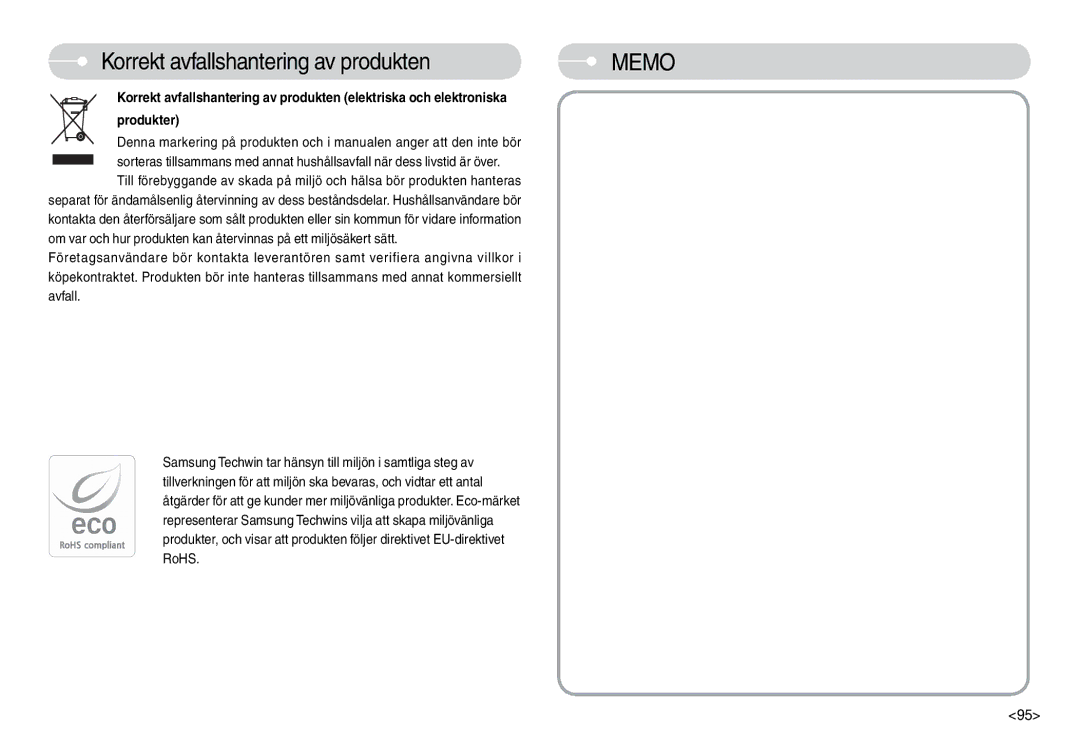 Samsung EC-L74WZSBA/FI, EC-L74WZSBA/DE, EC-L74WZBBA/DE, EC-L74WZBBA/DK manual Korrekt avfallshantering av produkten, Memo 