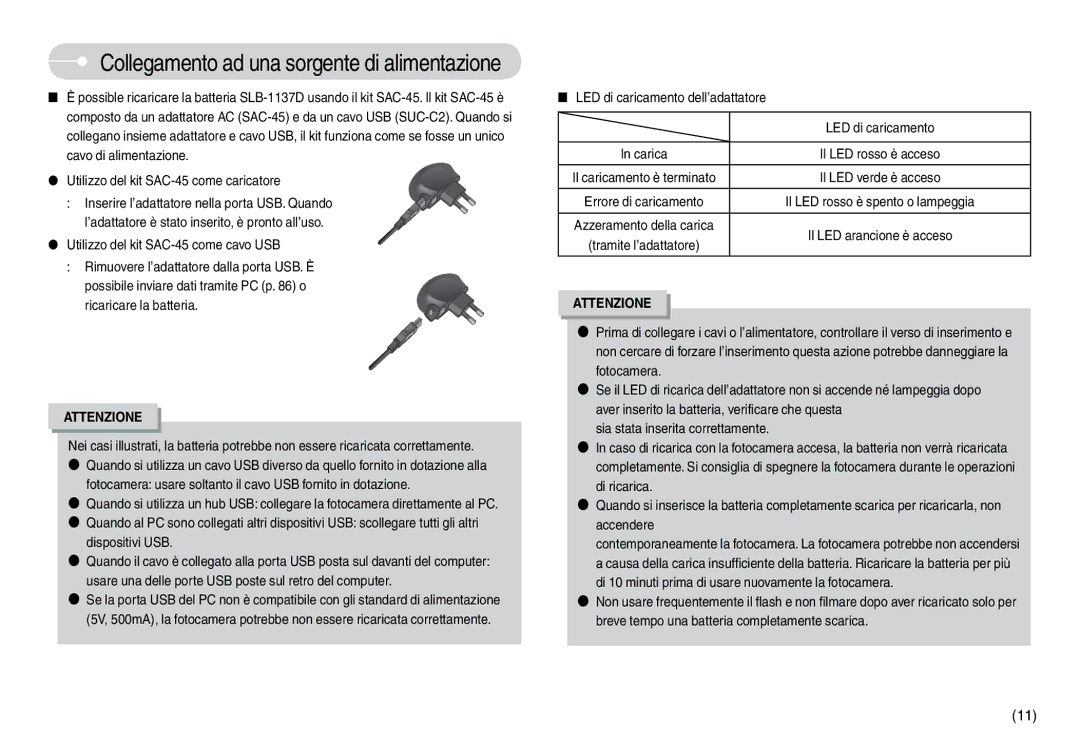 Samsung EC-L74WZBBA/IT, EC-L74WZSBA/DE manual Utilizzo del kit SAC-45 come caricatore, LED di caricamento dell’adattatore 