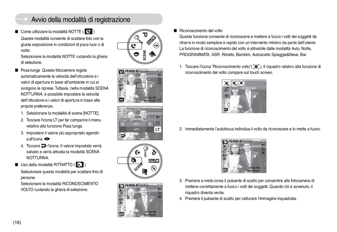 Samsung EC-L74WZSBB/IT, EC-L74WZSBA/DE, EC-L74WZBBA/DE Selezionare la modalità di scena Notte, Riconoscimento del volto 