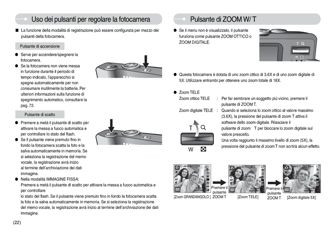 Samsung EC-L74WZBBB/IT, EC-L74WZSBA/DE Uso dei pulsanti per regolare la fotocamera, Pulsante di Zoom W/ T, Zoom Digitale 