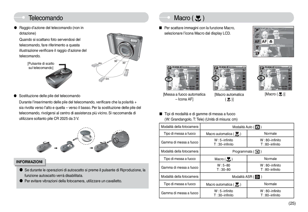 Samsung EC-L74WZBBA/E1, EC-L74WZSBA/DE, EC-L74WZBBA/DE Telecomando Macro, Raggio d’azione del telecomando non, Dotazione 