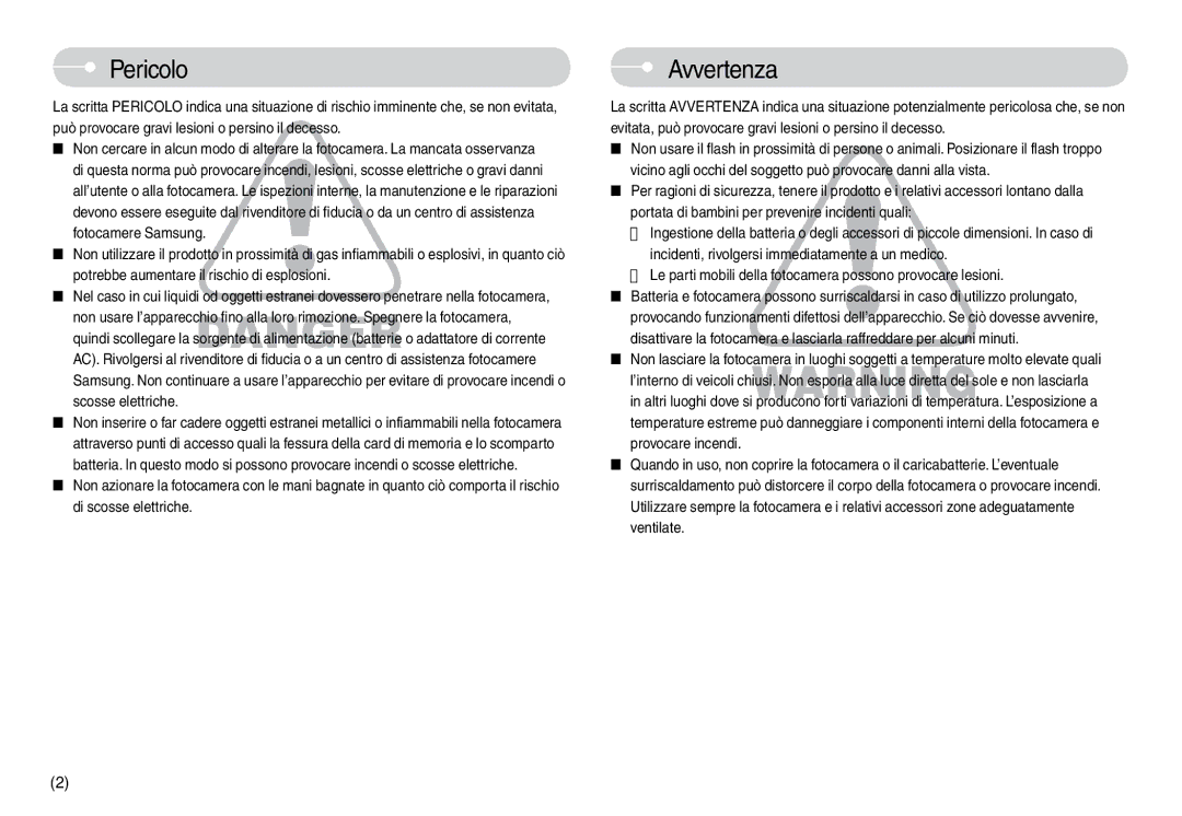Samsung EC-L74WZSBB/IT, EC-L74WZSBA/DE Pericolo, Avvertenza, Le parti mobili della fotocamera possono provocare lesioni 