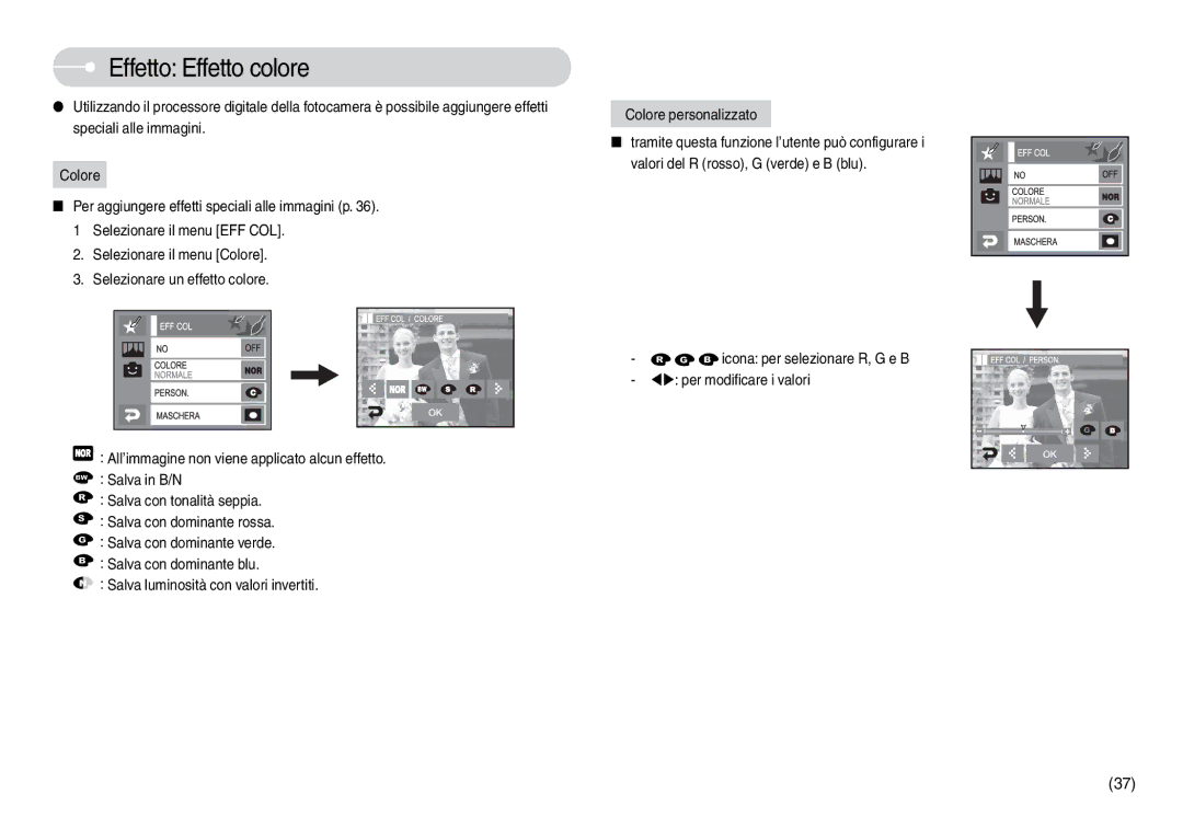 Samsung EC-L74WZSBA/IT, EC-L74WZSBA/DE Effetto Effetto colore, Icona per selezionare R, G e B WX per modificare i valori 