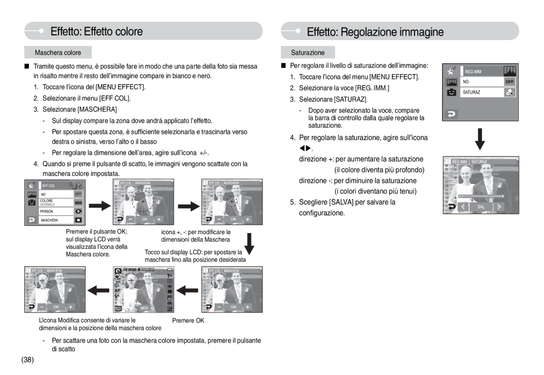 Samsung EC-L74WZBBB/IT manual Effetto Regolazione immagine, Maschera colore, Scegliere Salva per salvare la configurazione 