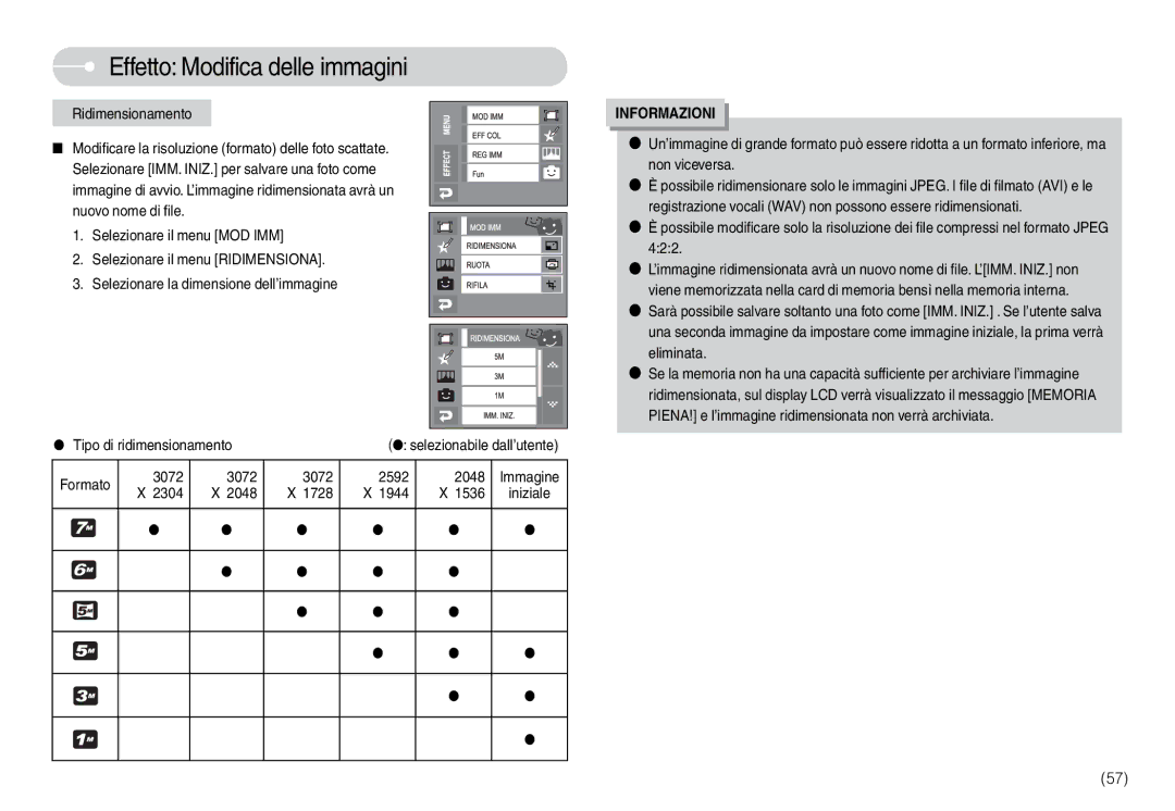 Samsung EC-L74WZBBA/E1 manual Effetto Modifica delle immagini, Ridimensionamento, 3072 2592 2048, 2304 2048 1728 1944 1536 