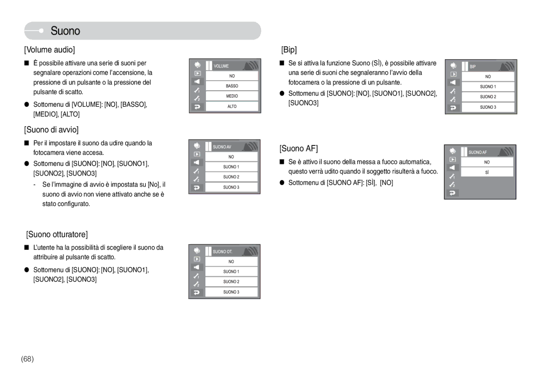 Samsung STC-L74WB manual Sottomenu di Volume NO, BASSO, MEDIO, Alto, Sottomenu di Suono NO, SUONO1, SUONO2, SUONO3 