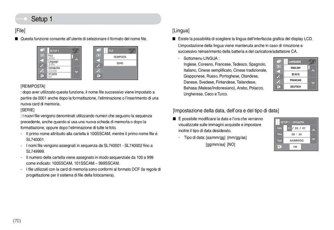 Samsung EC-L74WZBBB/IT, EC-L74WZSBA/DE manual Setup, Reimposta, Sottomenu Lingua, Tipo di data aa/mm/gg mm/gg/aa Gg/mm/aa no 