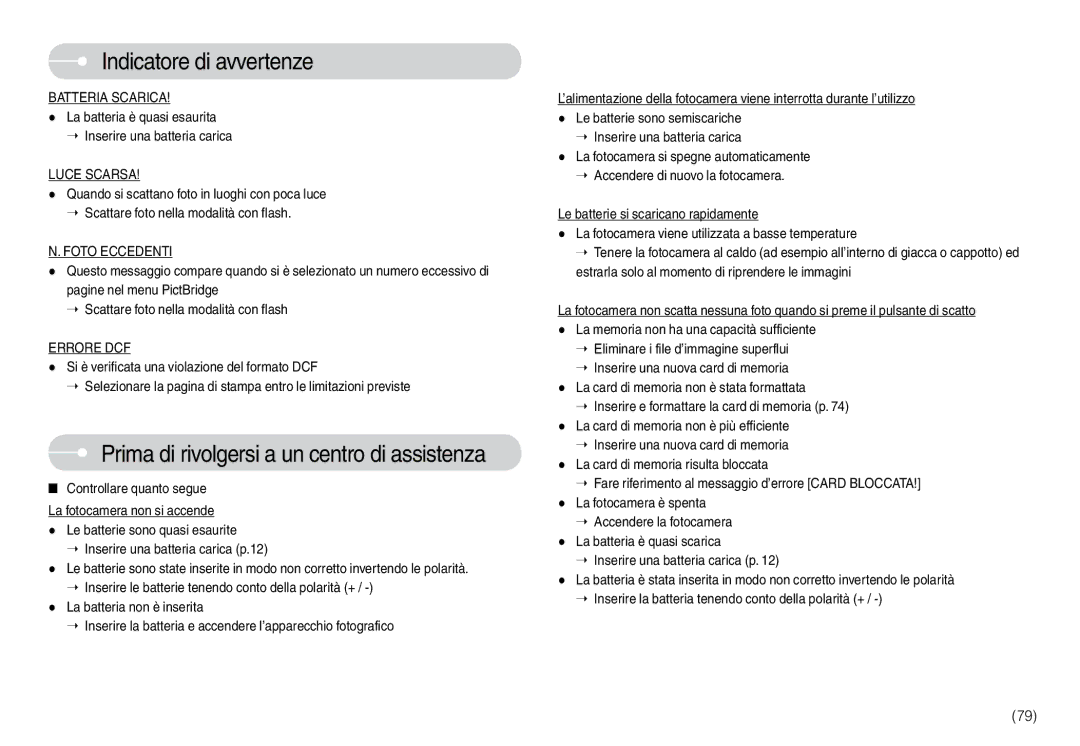 Samsung EC-L74WZSBA/DE manual Prima di rivolgersi a un centro di assistenza, Batteria Scarica, Luce Scarsa, Foto Eccedenti 