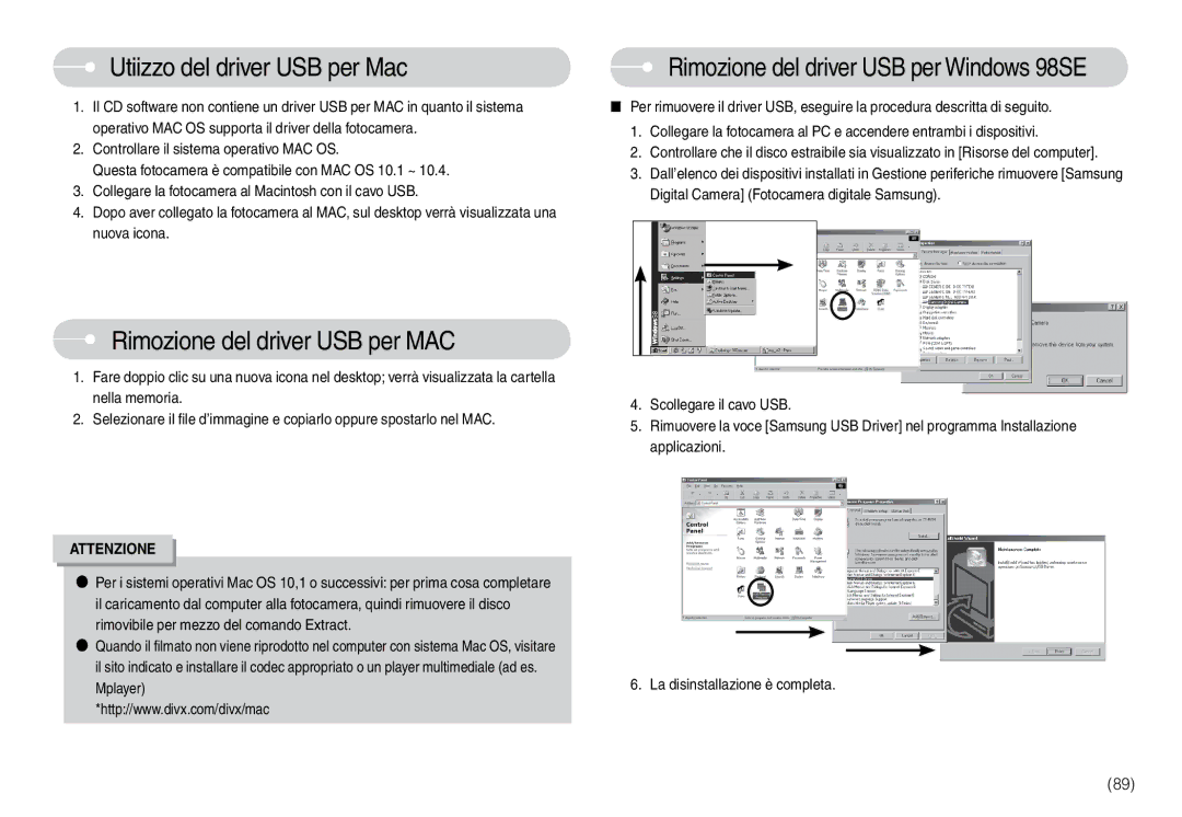 Samsung EC-L74WZBBA/E1, EC-L74WZSBA/DE, EC-L74WZBBA/DE Utiizzo del driver USB per Mac, Rimozione del driver USB per MAC 