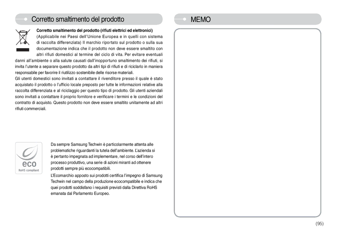 Samsung EC-L74WZSBA/DE, EC-L74WZBBA/DE, EC-L74WZBBA/E1, EC-L74WZSBB/IT, STC-L74WB Corretto smaltimento del prodotto, Memo 