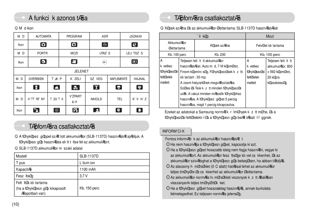 Samsung EC-L74WZBBA/DK, EC-L74WZSBA/DE, EC-L74WZBBA/DE, EC-L74WZBBA/E3, EC-L74WZBBA/FR Tápforrásra csatlakoztatás,  Mód ikon 