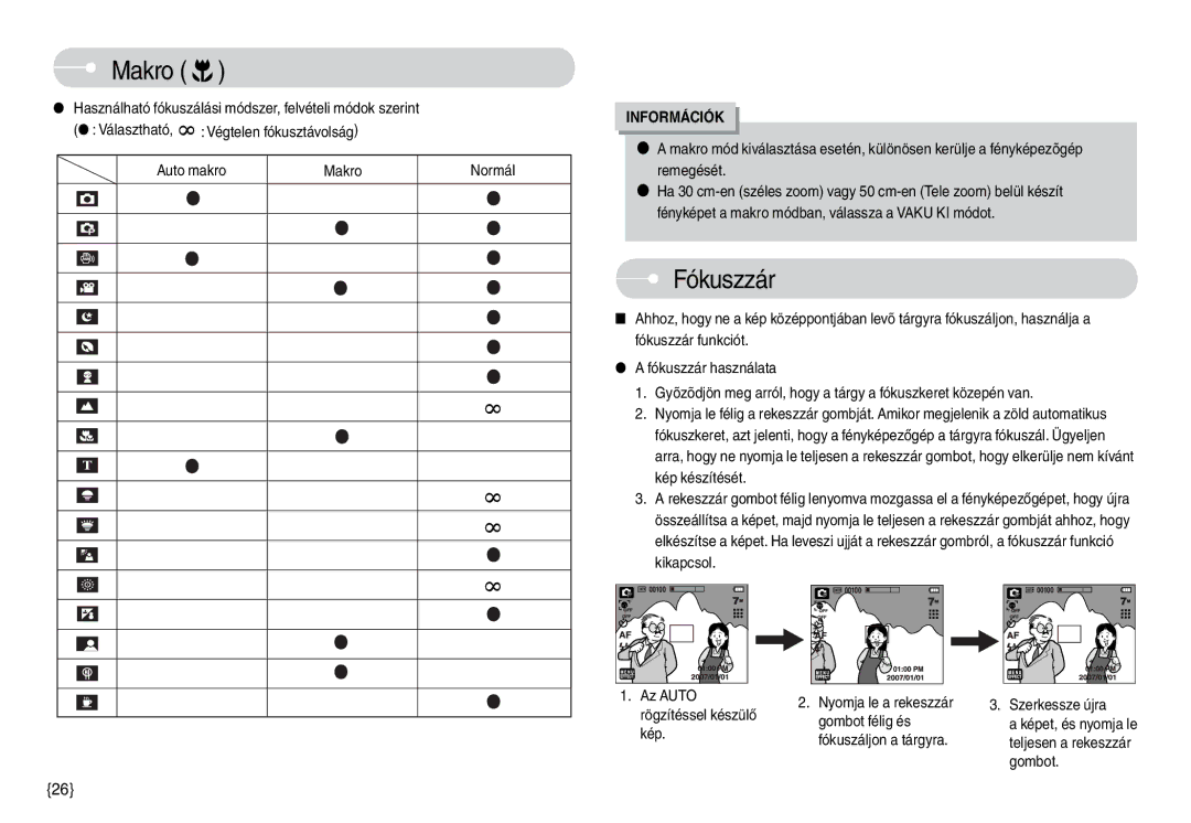 Samsung EC-L74WZBBA/NL, EC-L74WZSBA/DE, EC-L74WZBBA/DE, EC-L74WZBBA/E3, EC-L74WZBBA/FR, EC-L74WZBBA/DK manual Fókuszzár 