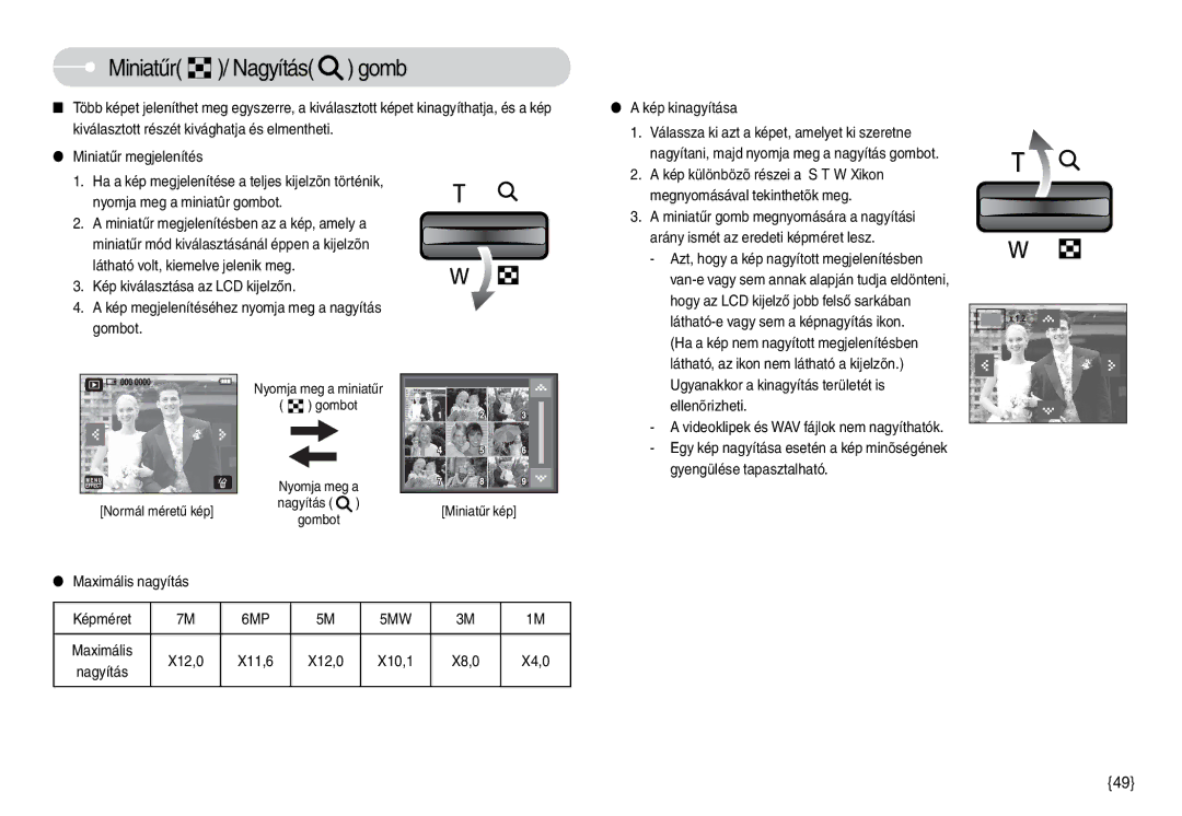 Samsung EC-L74WZBBA/DE manual Maximális nagyítás Képméret, Kép kinagyítása, Videoklipek és WAV fájlok nem nagyíthatók 