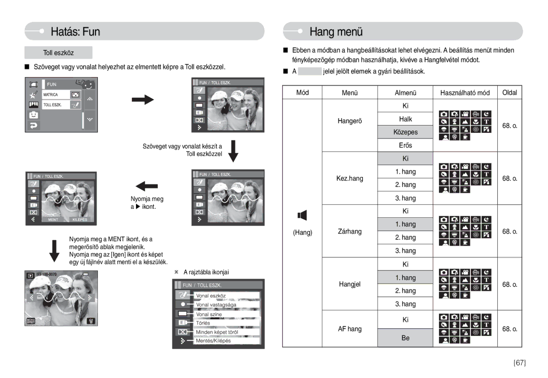 Samsung EC-L74WZBBA/FI, EC-L74WZSBA/DE, EC-L74WZBBA/DE, EC-L74WZBBA/E3 manual Hang menü, Használható mód Oldal, 68. o 