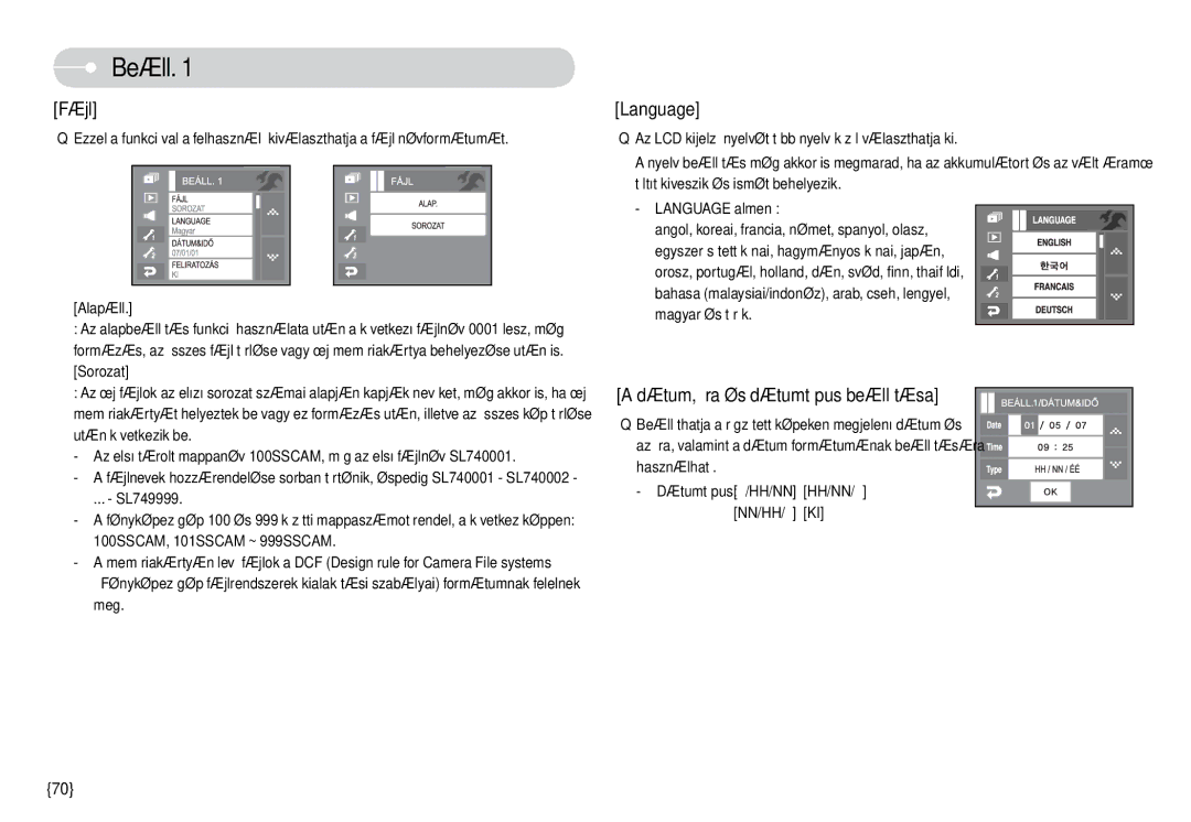 Samsung EC-L74WZBBA/DE, EC-L74WZSBA/DE, EC-L74WZBBA/E3, EC-L74WZBBA/FR, EC-L74WZBBA/DK, EC-L74WZBBA/FI manual Beáll, Fájl 