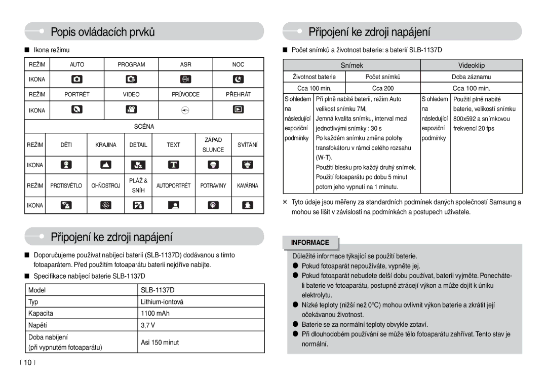 Samsung EC-L74WZBBC/DE, EC-L74WZSBA/DE manual Připojení ke zdroji napájení, Ikona režimu 