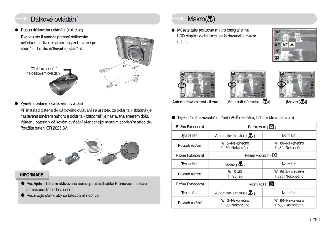 Samsung EC-L74WZSBA/DE, EC-L74WZBBC/DE manual Dálkové ovládání, Makro, 25 m 