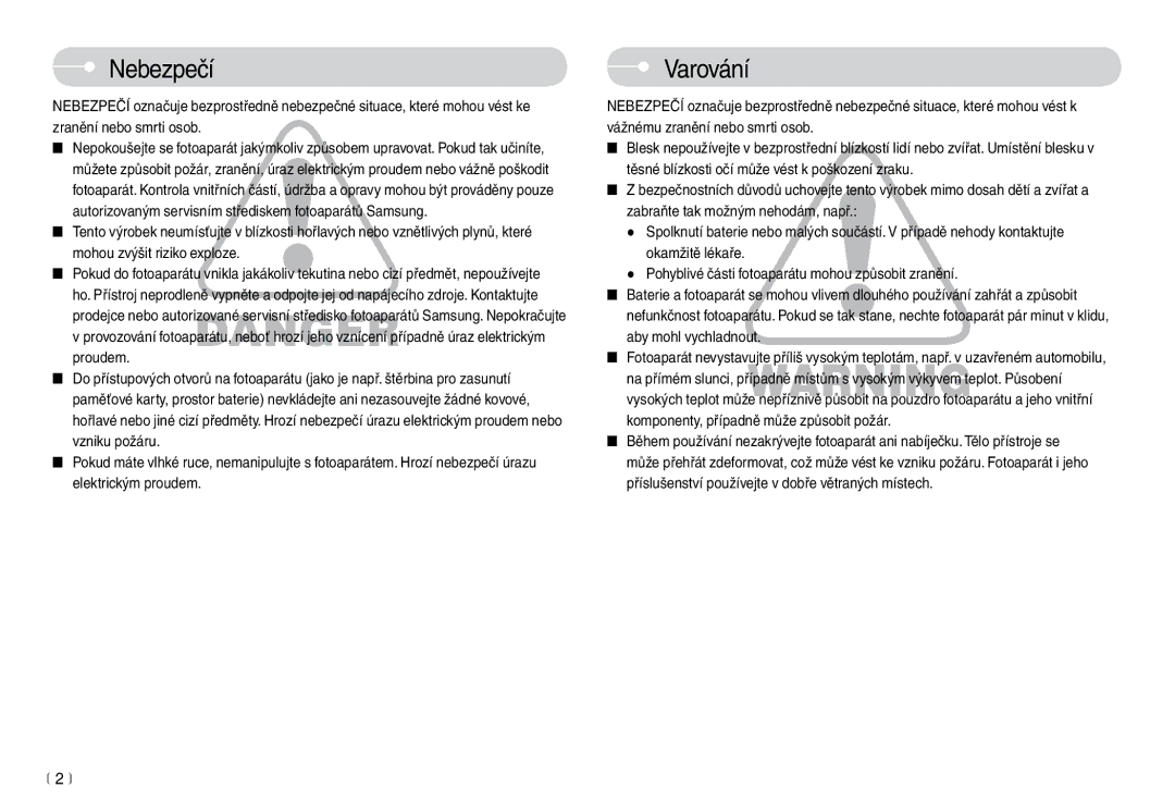 Samsung EC-L74WZBBC/DE, EC-L74WZSBA/DE manual Nebezpečí, Varování 