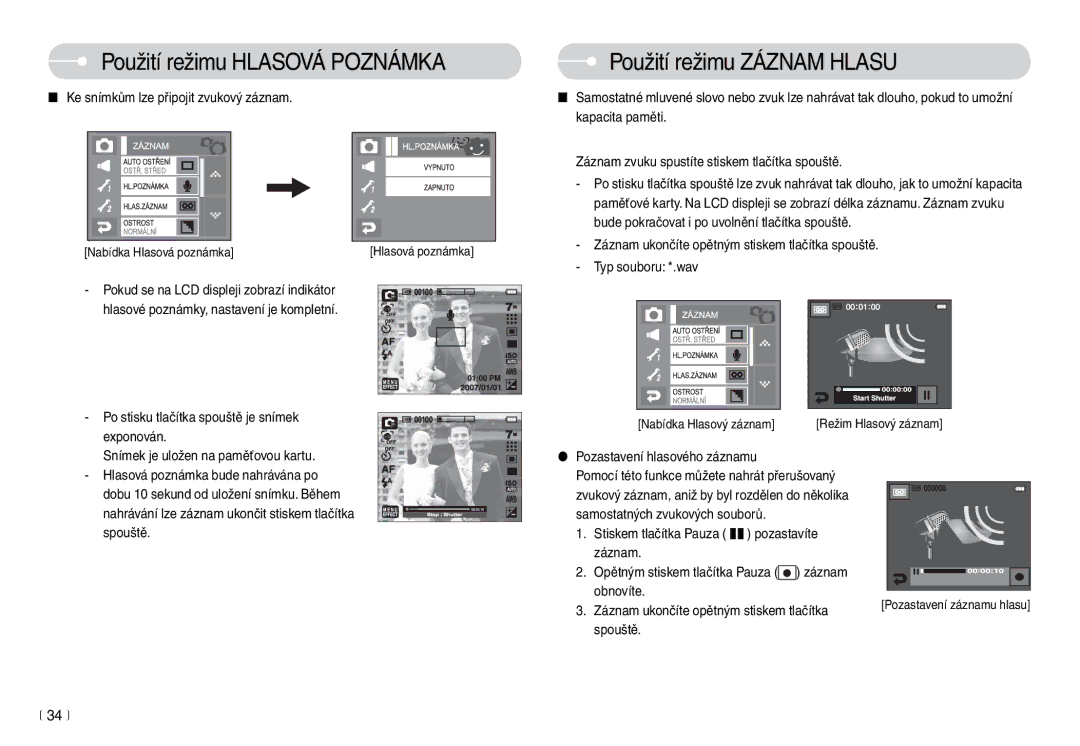 Samsung EC-L74WZBBC/DE, EC-L74WZSBA/DE manual Použití režimu Hlasová Poznámka, Použití režimu Záznam Hlasu 