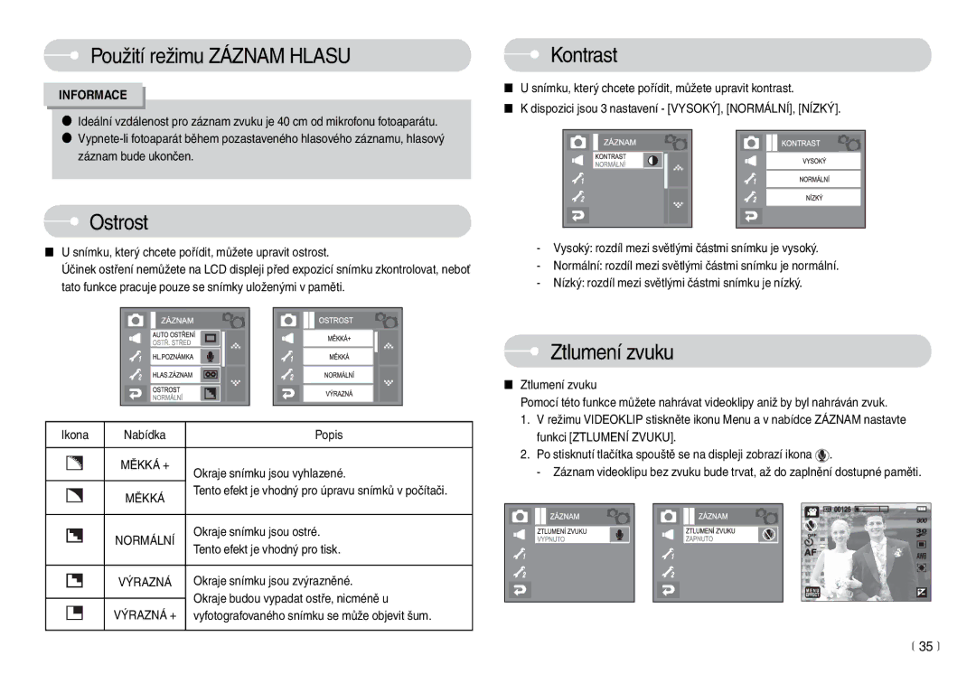 Samsung EC-L74WZSBA/DE, EC-L74WZBBC/DE manual Ostrost, Kontrast, Ztlumení zvuku 