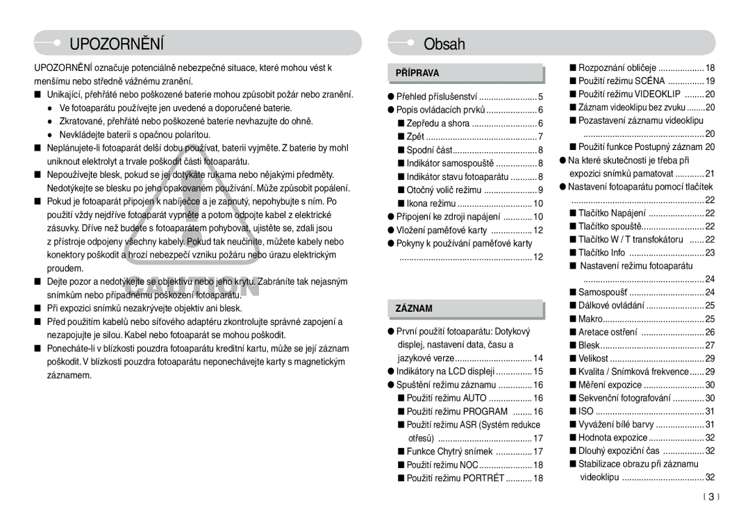 Samsung EC-L74WZSBA/DE, EC-L74WZBBC/DE manual Obsah, Při expozici snímků nezakrývejte objektiv ani blesk, 3 m 