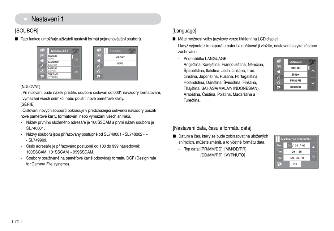 Samsung EC-L74WZBBC/DE, EC-L74WZSBA/DE manual Nastavení, Nulovat, Série, Typ data RR/MM/DD, MM/DD/RR, DD/MM/RR, Vypnuto 