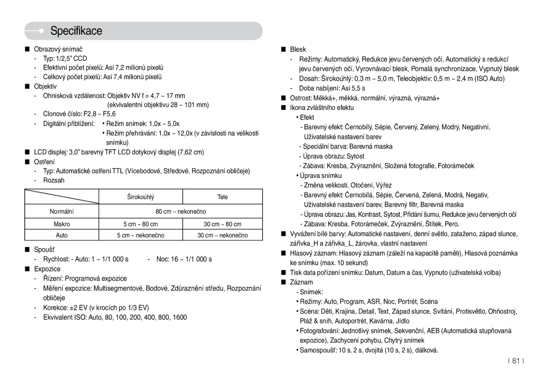 Samsung EC-L74WZSBA/DE, EC-L74WZBBC/DE manual Specifikace, Rozsah, Zábava Kresba, Fotorámeček, Zvýraznění, Štítek, Pero 