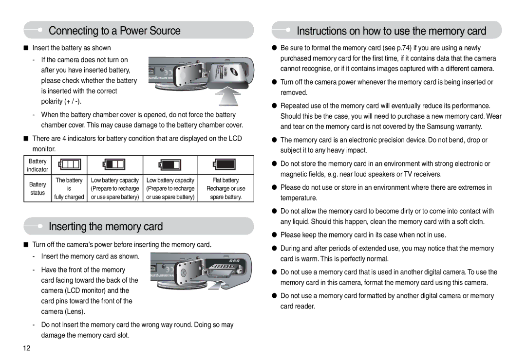 Samsung EC-L74WZSBA/IT, EC-L74WZSBA/FR, EC-L74WZSBA/DE, EC-L74WZSBA/E3, EC-L74WZSBA/E1, STC-L74WB Inserting the memory card 