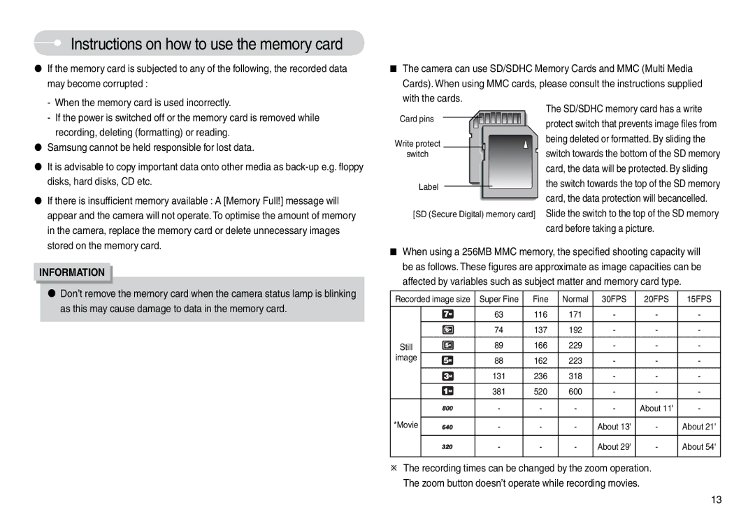 Samsung EC-L74WZBBB/IT manual Instructions on how to use the memory card, May become corrupted, Disks, hard disks, CD etc 