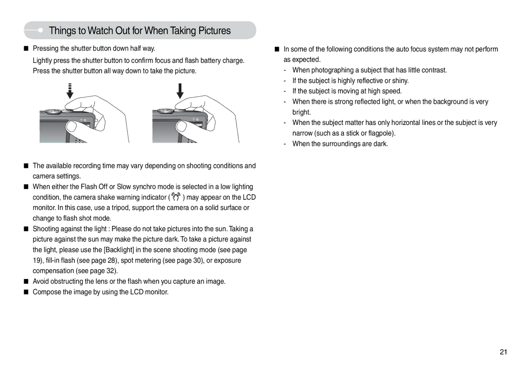 Samsung EC-L74WZBBA/TW, STC-L74WB Things to Watch Out for When Taking Pictures, Pressing the shutter button down half way 