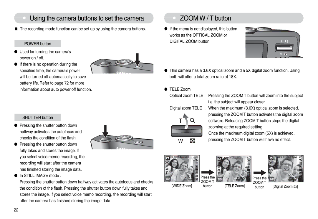 Samsung EC-L74WZBBB/AS Using the camera buttons to set the camera, Zoom W / T button, Shutter button, Still Image mode 