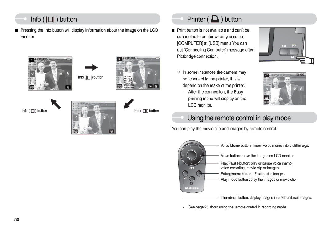 Samsung EC-L74WZBBD/AS, EC-L74WZSBA/FR, EC-L74WZSBA/DE, EC-L74WZSBA/E3 Printer button, Using the remote control in play mode 