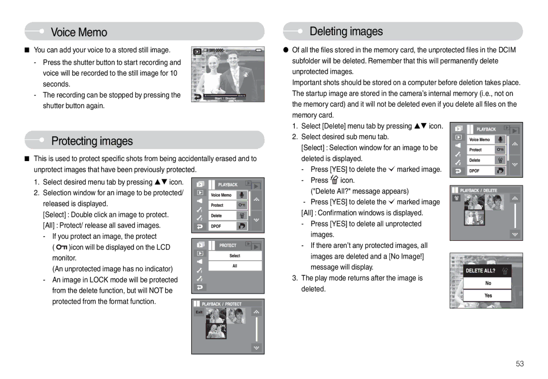 Samsung EC-L74WZSBA/NL, EC-L74WZSBA/FR, EC-L74WZSBA/DE, EC-L74WZSBA/E3 manual Voice Memo, Protecting images, Deleting images 