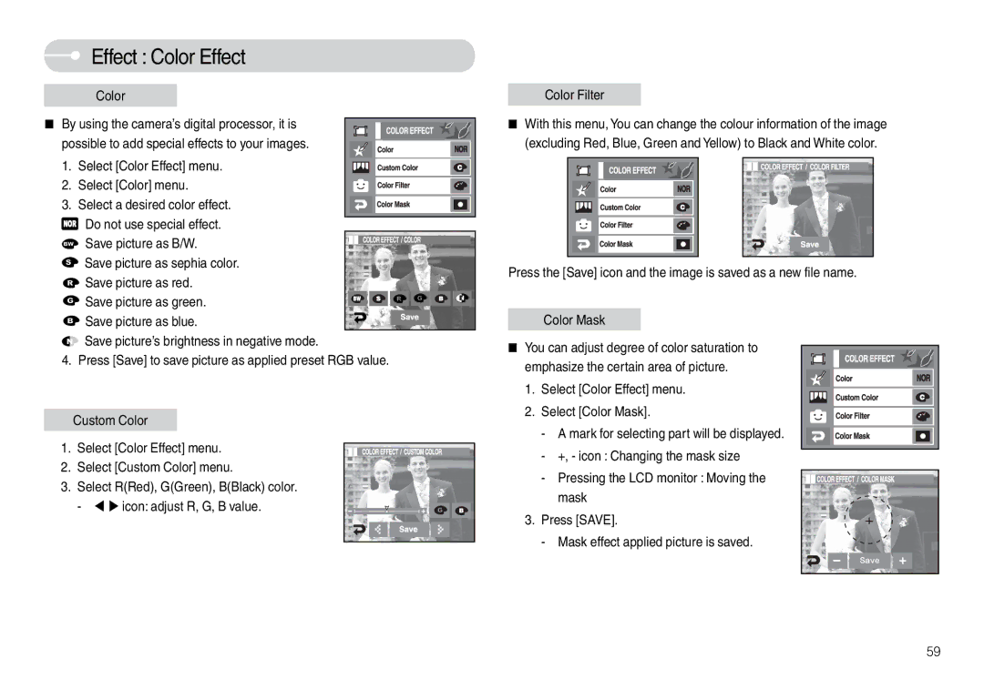 Samsung EC-L74WZBBB/TR, EC-L74WZSBA/FR, EC-L74WZSBA/DE manual Effect Color Effect, Select Color Effect menu Select Color Mask 