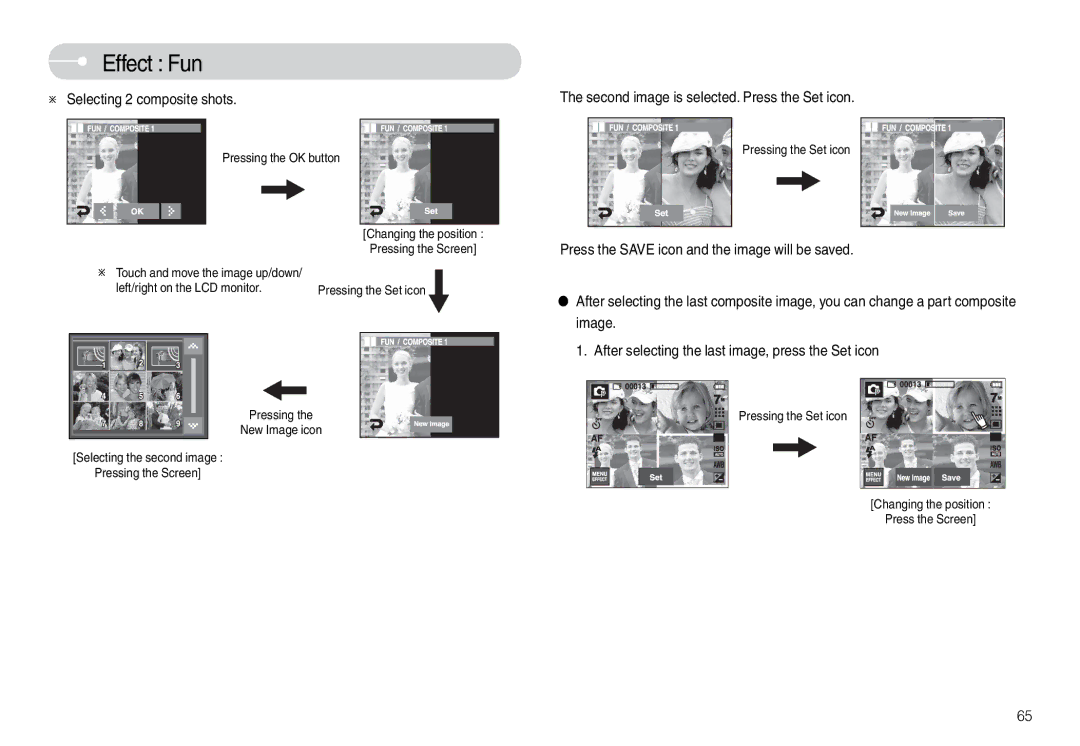 Samsung EC-L74WZSBA/FI, EC-L74WZSBA/FR, STC-L74WB Selecting 2 composite shots, Second image is selected. Press the Set icon 