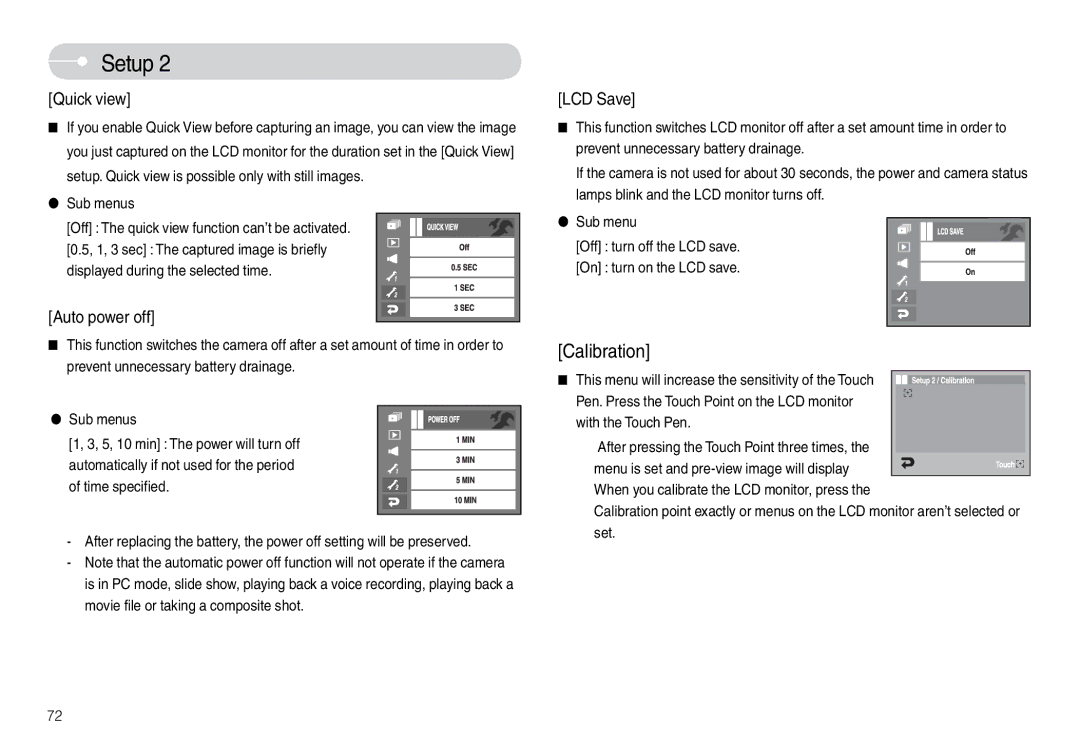 Samsung EC-L74WZBBB/AU, EC-L74WZSBA/FR, EC-L74WZSBA/DE Quick view, Sub menus Off The quick view function can’t be activated 