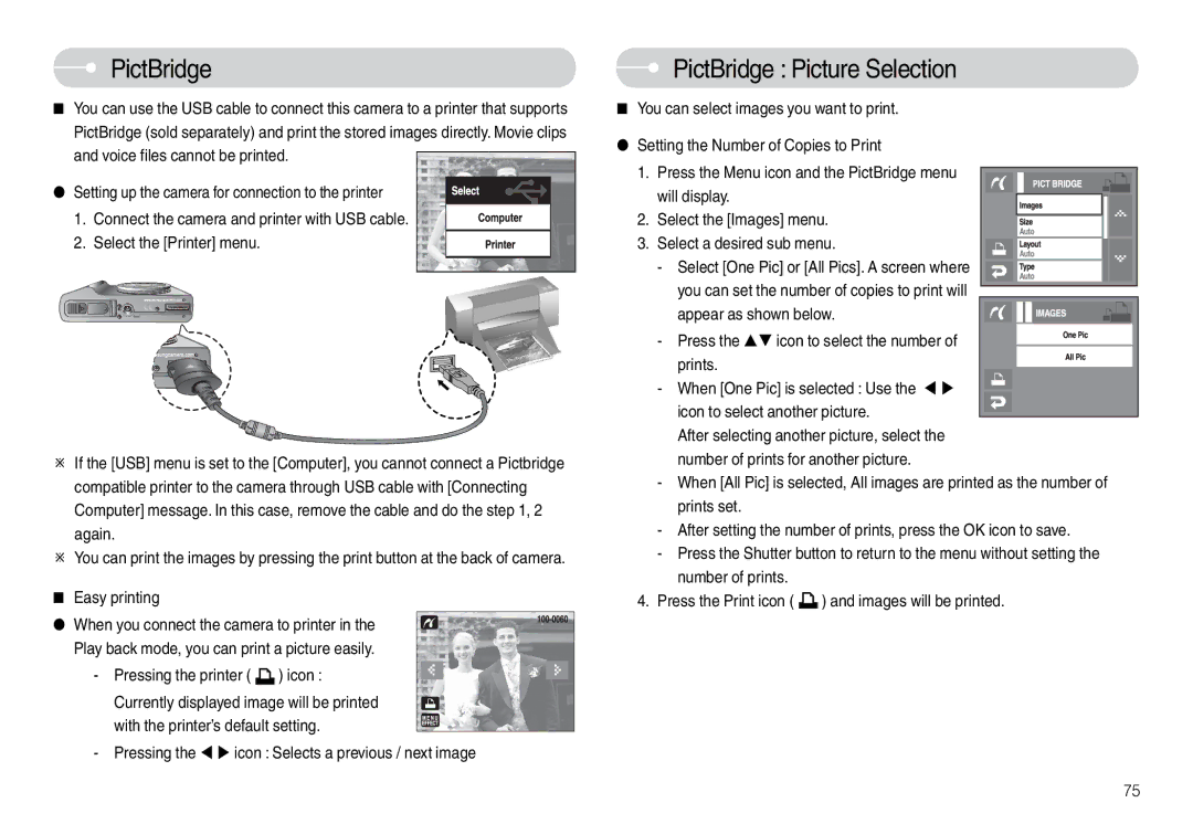 Samsung EC-L74WZBBC/DE, EC-L74WZSBA/FR, STC-L74WB PictBridge Picture Selection, Easy printing, Pressing the printer 