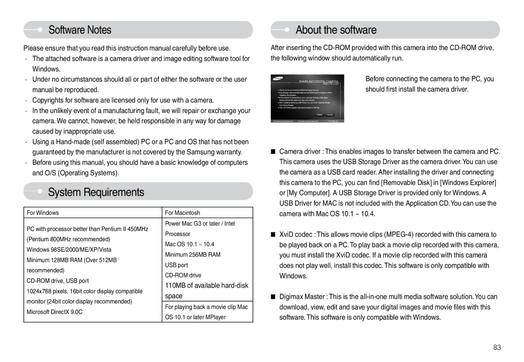 Samsung EC-L74WZBBA/AU, EC-L74WZSBA/FR, EC-L74WZSBA/DE manual Software Notes, System Requirements, About the software, Space 