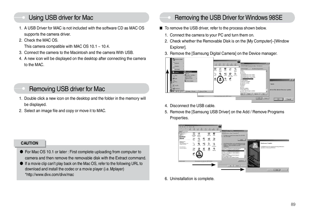 Samsung EC-L74WZSBB/E2 Using USB driver for Mac, Removing USB driver for Mac, Removing the USB Driver for Windows 98SE 