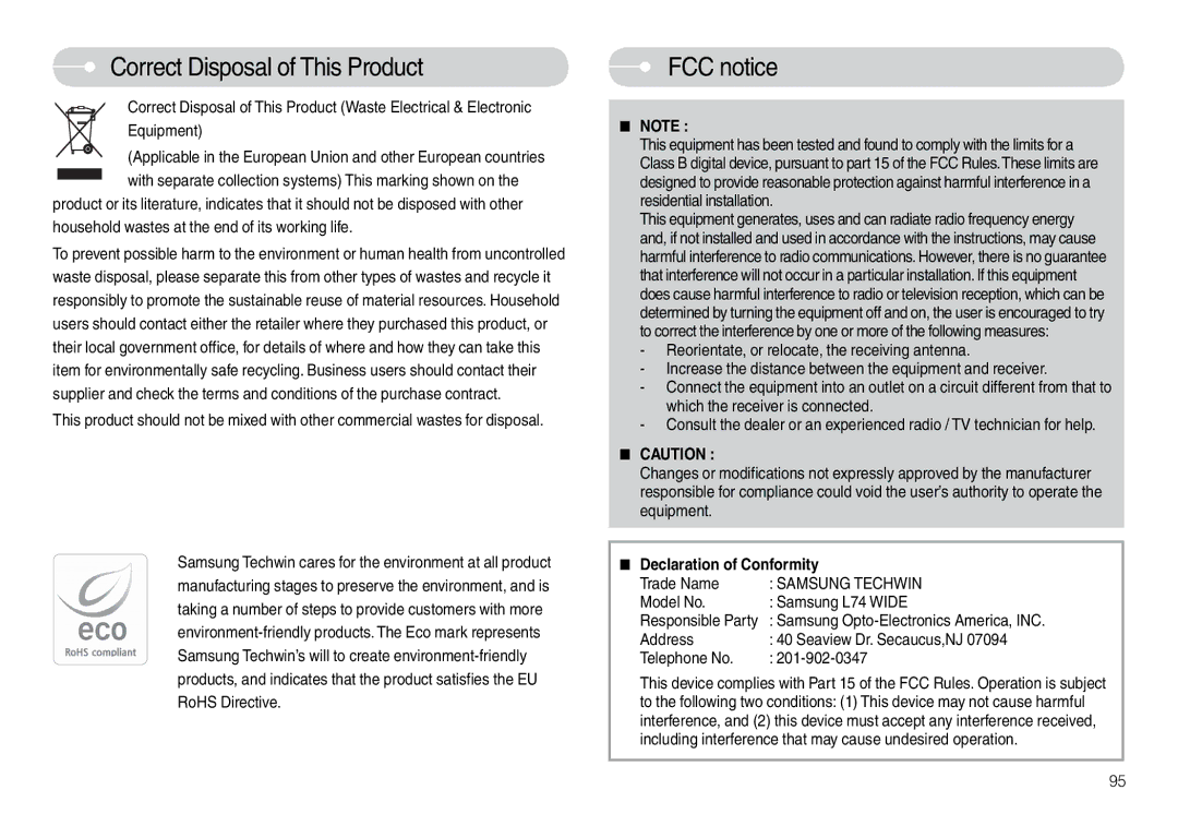 Samsung EC-L74WZBBA/AR, EC-L74WZSBA/FR Correct Disposal of This Product, FCC notice, Trade Name, Model No Samsung L74 Wide 