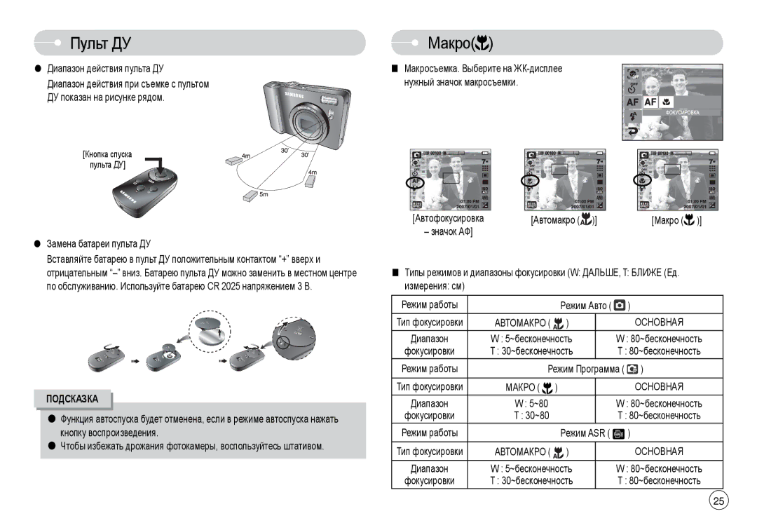 Samsung EC-L74WZBBP/AS, EC-L74WZSBA/FR, EC-L74WZSBA/DE, EC-L74WZSBA/E3, EC-L74WZSBA/E1, EC-L74WZBBA/DE manual Пульт ДУ, Макро 