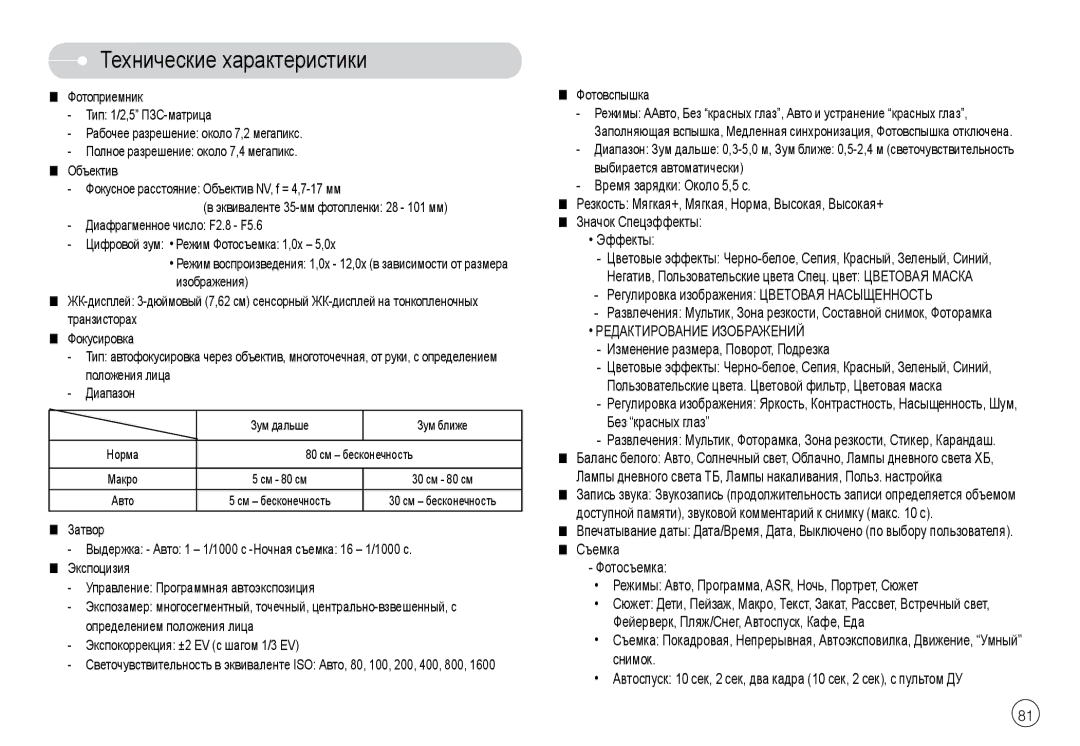 Samsung EC-L74WZSBM/AS, EC-L74WZSBA/FR manual Технические характеристики, Экспокоррекция ±2 EV с шагом 1/3 EV, Фотовспышка 