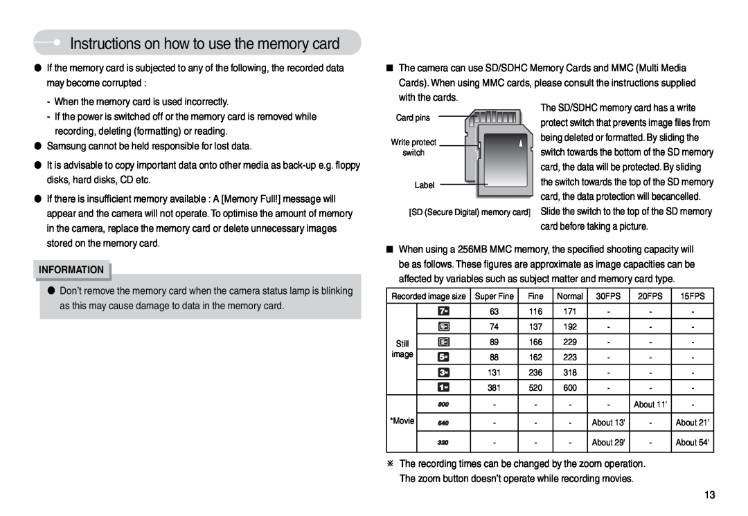 Samsung EC-L74WZBBB/IT manual Instructions on how to use the memory card, may become corrupted, disks, hard disks, CD etc 