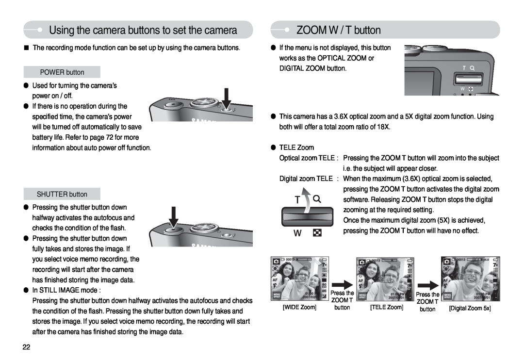 Samsung EC-L74WZBBB/AS, EC-L74WZSBA/FR, EC-L74WZSBA/DE manual Using the camera buttons to set the camera, ZOOM W / T button 