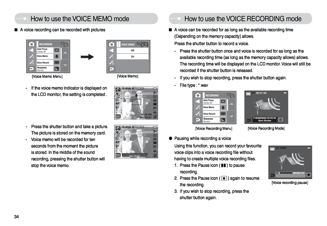 Samsung EC-L74WZBBB/SP, EC-L74WZSBA/FR, EC-L74WZSBA/DE How to use the VOICE MEMO mode, How to use the VOICE RECORDING mode 