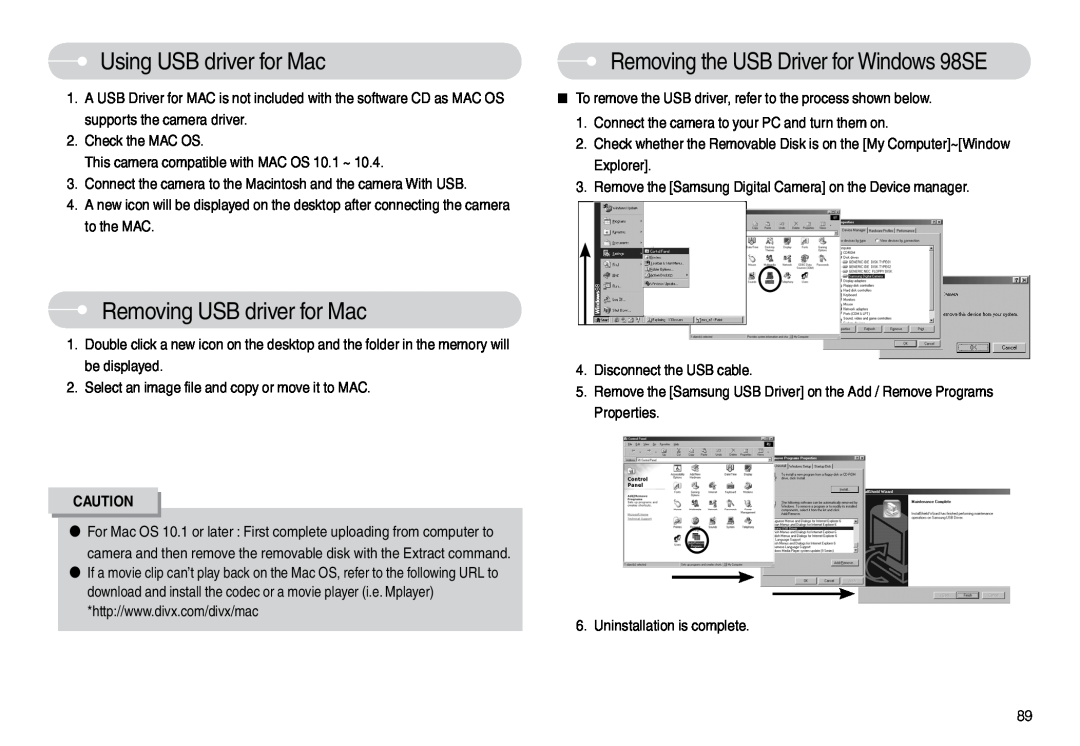 Samsung EC-L74WZSBB/E2 Using USB driver for Mac, Removing USB driver for Mac, Removing the USB Driver for Windows 98SE 