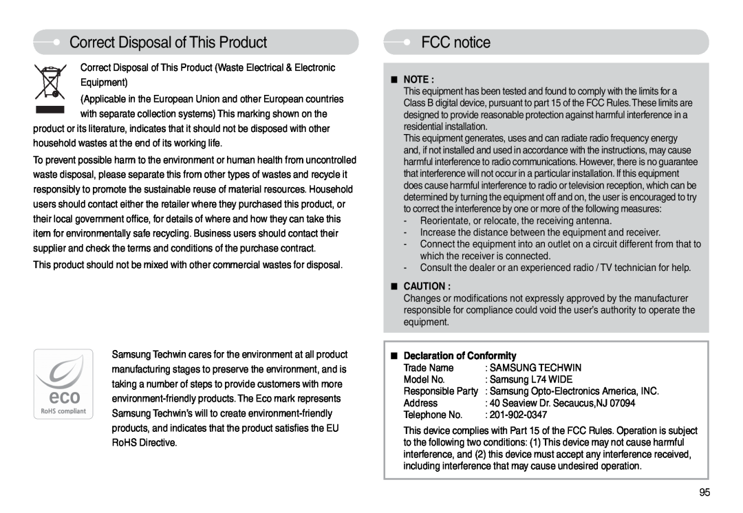 Samsung EC-L74WZBBA/AR manual Correct Disposal of This Product, FCC notice, Q Note, Q Caution, Q Declaration of Conformity 