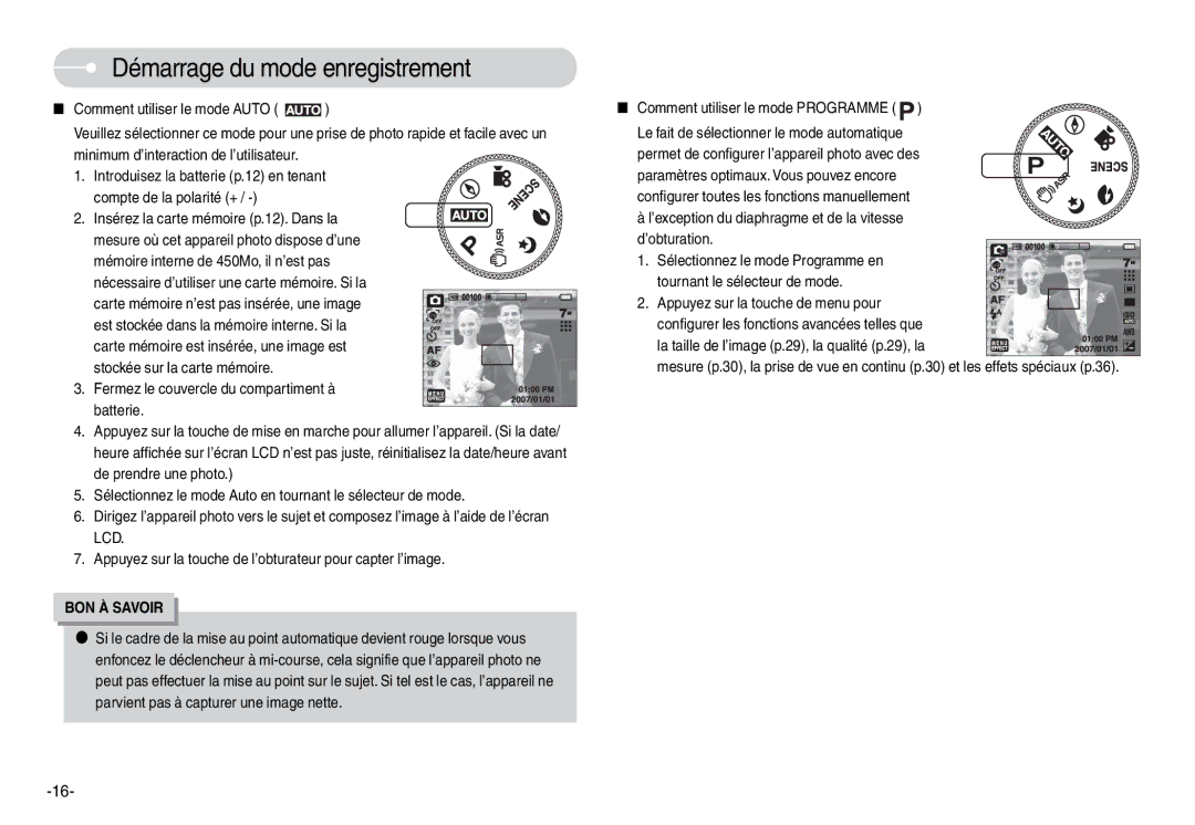 Samsung EC-L74WZBBA/FR Démarrage du mode enregistrement, Comment utiliser le mode Auto, Comment utiliser le mode Programme 