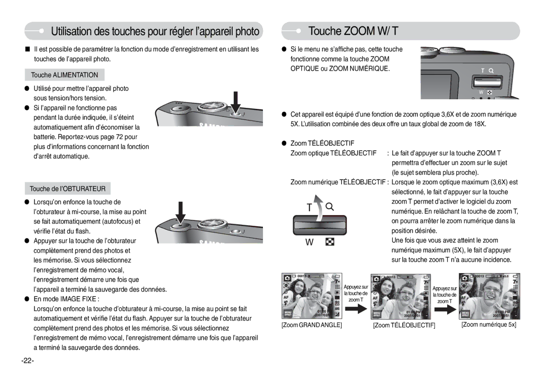 Samsung EC-L74WZSBA/E1 manual Utilisation des touches pour régler l’appareil photo, Touche Zoom W/ T, Zoom Téléobjectif 